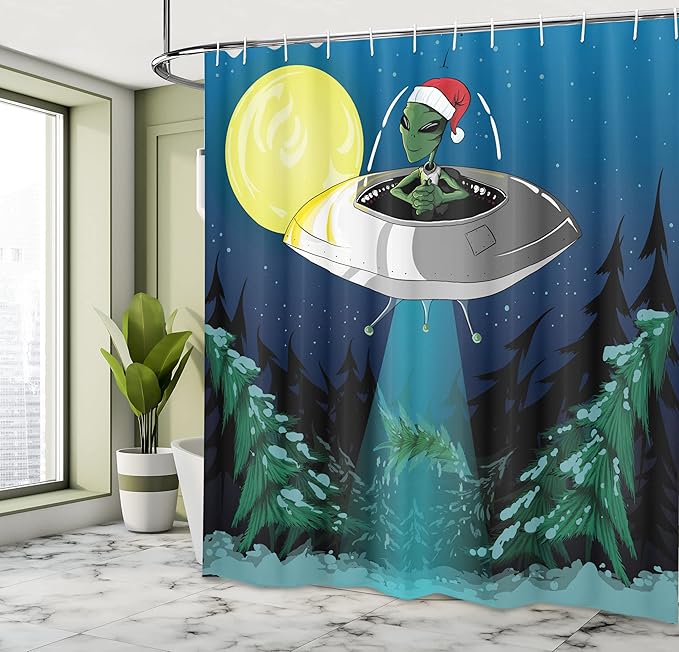 Ambesonne Outer Space Shower Curtain, Alien Santa Claus Hat naps a Tree with Ornaments Night Airship Print, Cloth Fabric Bathroom Decor Set with Hooks, 69" W x 75" L, Green Blue