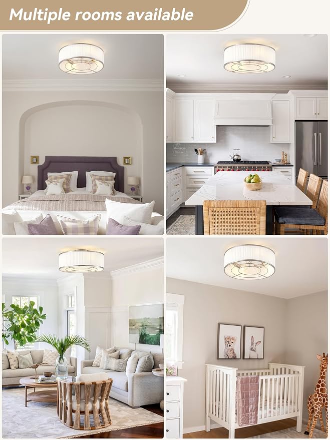 Boho Ceiling Fan with Light Flush Mount, 20" Caged Ceiling Fan with Light Remote Control Silver, Low Profile Ceiling Fans Bladeless Chrome 6 Speeds for Bedroom, Living Room, Nursery