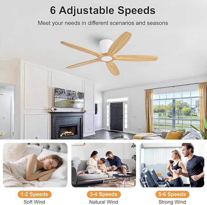 WINGBO 54" Flush Mount Ceiling Fan No Light - 5 Carved Solid Wood Blades, 6-Speed Reversible DC Motor, Dimmable, 3CCT, Low Profile Ceiling Fans without Lights for Bedroom Living Room, White and Oak