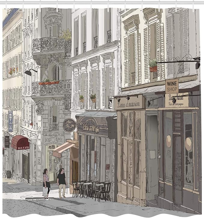 Ambesonne Paris Shower Curtain, Montmartre Paris Characteristics Honeymoon Traveling Tourists Illustration Art, Cloth Fabric Bathroom Decor Set with Hooks, 69" W x 70" L, Taupe Grey