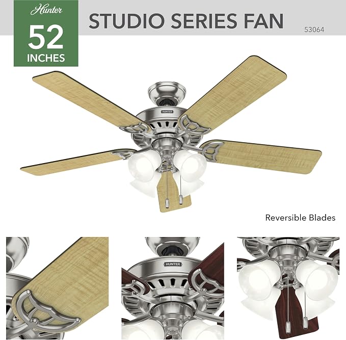 Hunter Studio Series, Indoor, Ceiling Fan, Quiet, 52 inch, Brushed Nickel | with LED Lights and Pull Chain, Standard Mount, 5 Blades, For Bedroom, Living Room, Kitchen, 53064