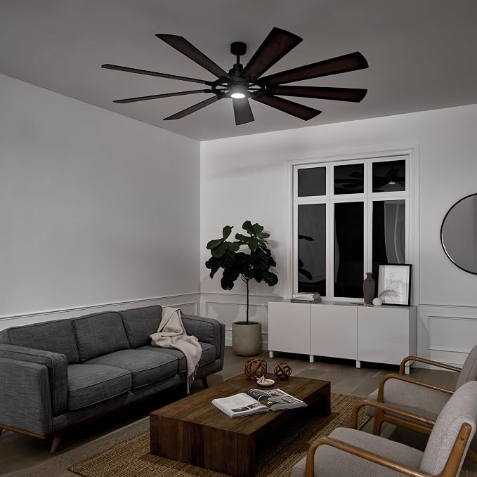Kichler Gentry XL 85" Ceiling Fan with Lights, 1-Light LED, 3000K, 9 blade Modern Industrial Fan in Distressed Black, (85" W x 16.5" H), 300285DBK