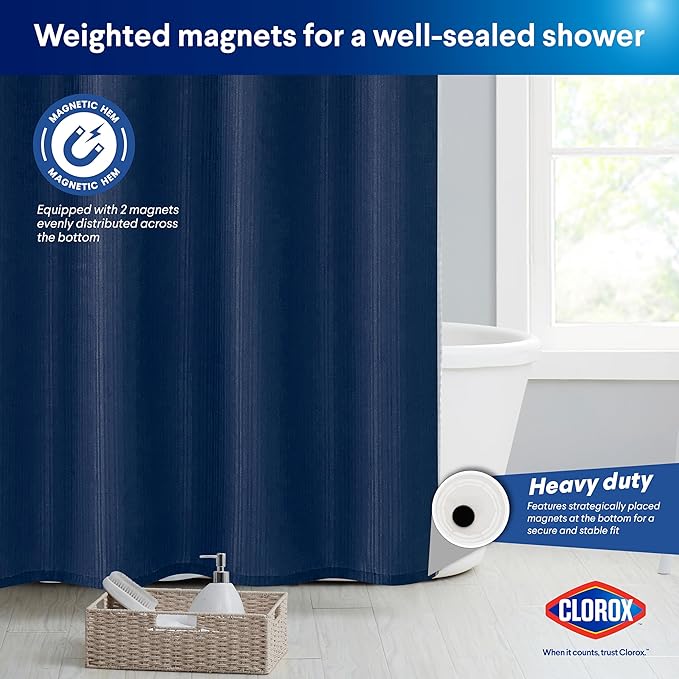 Clorox 2-in-1 Bathroom Shower Curtain Liner, Durable Fabric, Weighted Magnets for Bath Water Control, Washable Premium Quality, Modern - 72" x 72" Blue