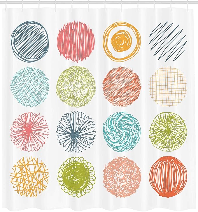 Ambesonne Colorful Shower Curtain, Doodle Style Scribble Composition Circles Stripes Joyful Illustration, Cloth Fabric Bathroom Decor Set with Hooks, 69" W x 75" L, Orange Coral