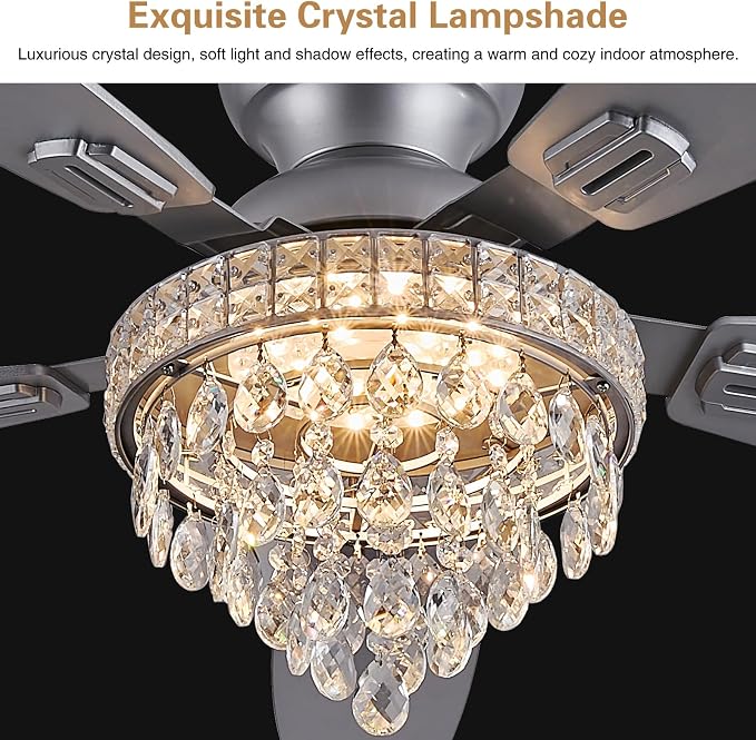 Crystal Ceiling Fan Fandelier with Lights-Ceiling Fans with Lights,50" Low Profile and Remote Control, Flush Mount, Reversible, Dimmable, Noiseless, Sliver Ceiling Fan for Bedroom