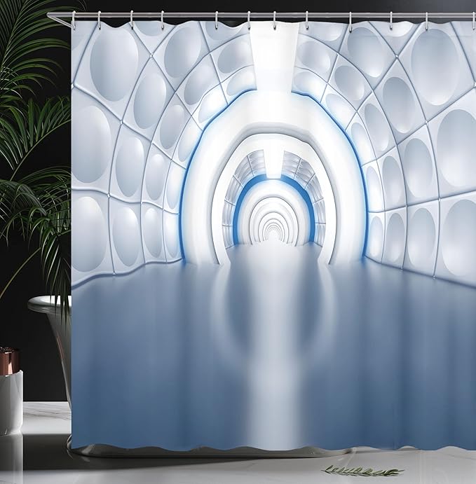 Ambesonne Futuristic Shower Curtain, Futuristic Tunnel Like Spaceship Corridor with Subway Spaceship Artwork, Cloth Fabric Bathroom Decor Set with Hooks, 69" W x 84" L, Cobalt White