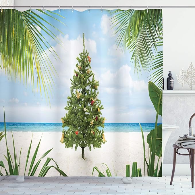 Ambesonne Christmas Shower Curtain, Tree Tinsel and Ornaments Tropical Island Sandy Beach Party Theme, Cloth Fabric Bathroom Decor Set with Hooks, 69" W x 84" L, Green Blue Cream