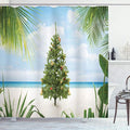 Ambesonne Christmas Shower Curtain, Tree Tinsel and Ornaments Tropical Island Sandy Beach Party Theme, Cloth Fabric Bathroom Decor Set with Hooks, 69" W x 84" L, Green Blue Cream