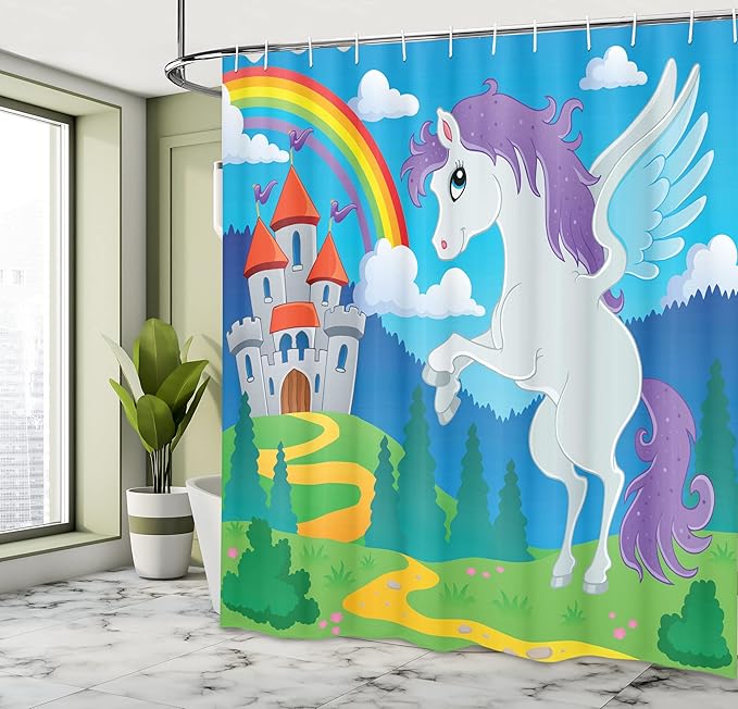 Ambesonne Fantasy Shower Curtain, Surreal Mythical Unicorn Rainbow and Medieval Castle Cartoon Design, Cloth Fabric Bathroom Decor Set with Hooks, 69" W x 84" L, Aqua Green