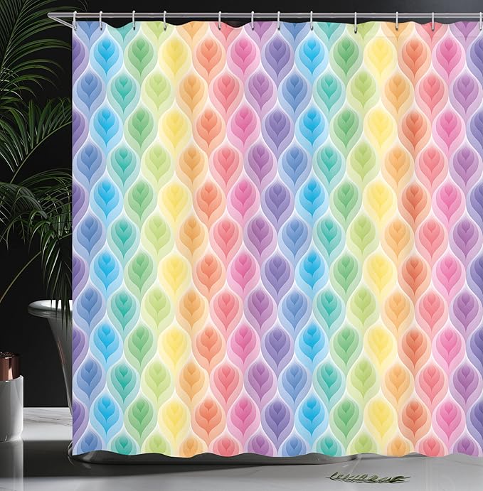 Ambesonne Trippy Shower Curtain, Rainbow Colors Abstract Gradient Toned Leaf Pattern in Digital Soft Pastel Design Modern Art, Cloth Fabric Bathroom Decor Set with Hooks, 69" W x 75" L, Blue Yellow