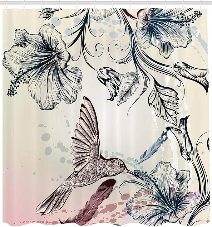 Ambesonne Hummingbird Shower Curtain, Floral Art in Vintage Style Bird Hibiscus Flowers and Feathers, Cloth Fabric Bathroom Decor Set with Hooks, 69" W x 75" L, Teal Brown