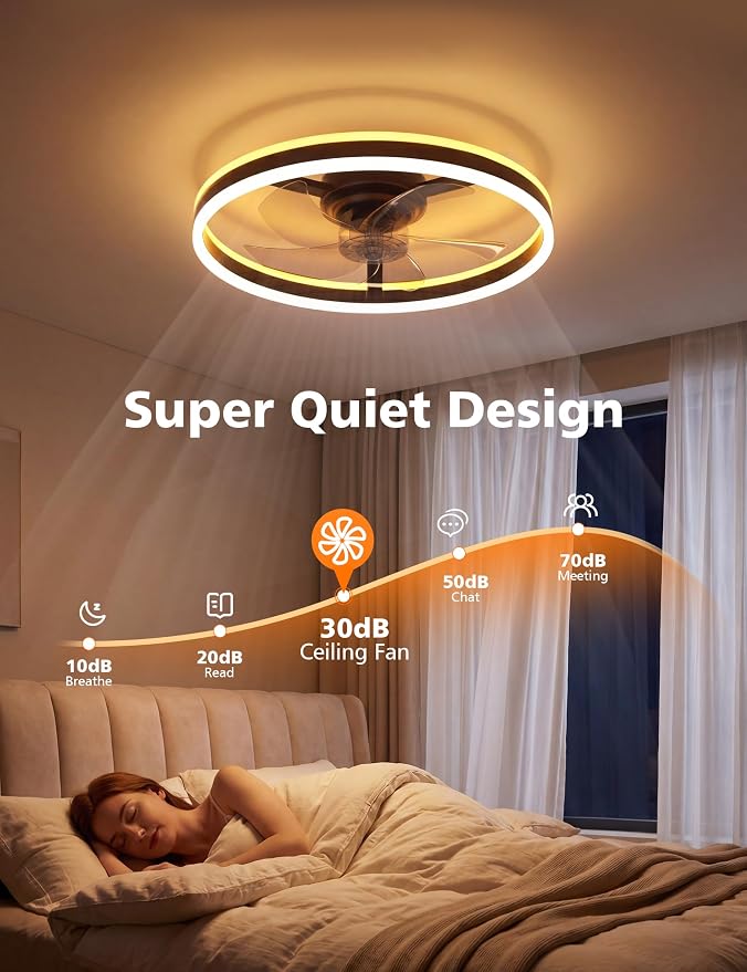 NIORSUN RGB Ceiling Fans with Lights and Remote, Modern Smart LED Ceiling Fans Light, 6 Speeds & 3000K-6500K Dimmable, Quiet Bladeless Fandelier Ceiling Fan with Light for Bedroom (20Inch,Black)