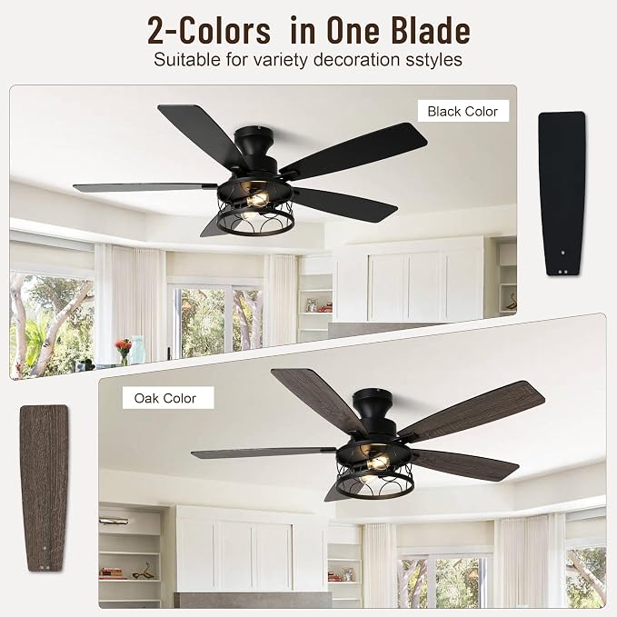 52'' Flush Mount Farmhouse Ceiling Fan with Light and Remote Control | Reversible Quiet DC Wave Iron Cage Fan, 6 Speed 1/2/4H Timer Dual-Sided Wood Blades for Low Ceiling Bedroom Living Room
