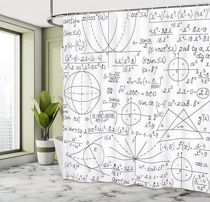 Ambesonne Modern Shower Curtain, Classic Math Geometry Science Themed Numbers Pattern on Plain Background, Cloth Fabric Bathroom Decor Set with Hooks, 69" W x 84" L, Dark Purple and White