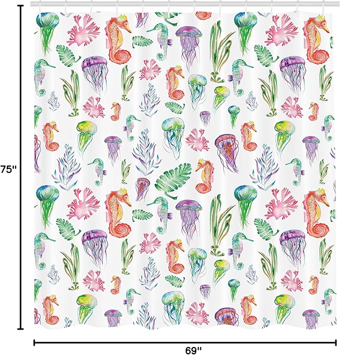 Ambesonne Jellyfish Shower Curtain, Colorful Seahorses Jellyfish and Seaweed Algae Fun Underwater Design Pattern, Cloth Fabric Bathroom Decor Set with Hooks, 69" W x 75" L, Green Pink