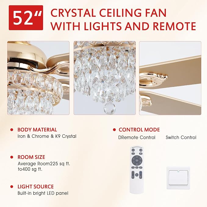 GJeg Crystal Ceiling Fan Fandelier with Lights-Ceiling Fans with Remote Control,Modern Ceiling Fan with Noiseless DC Reversible Motor,Dining Room,Living Room(52" Gold)