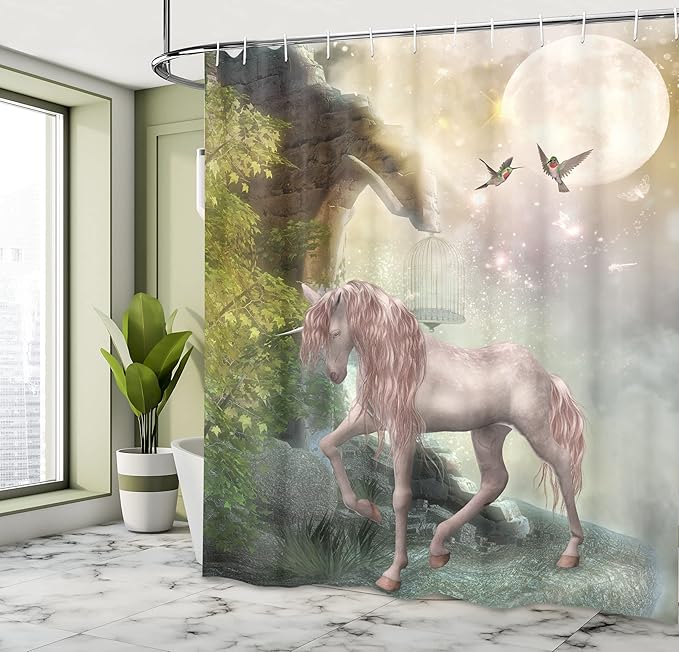 Ambesonne Hummingbirds Shower Curtain, Unicorn Green Spring Leaves Birds Twinkling Star Moon Mystic Fantasy, Cloth Fabric Bathroom Decor Set with Hooks, 69" W x 75" L, Dark Eggshell Fern Green