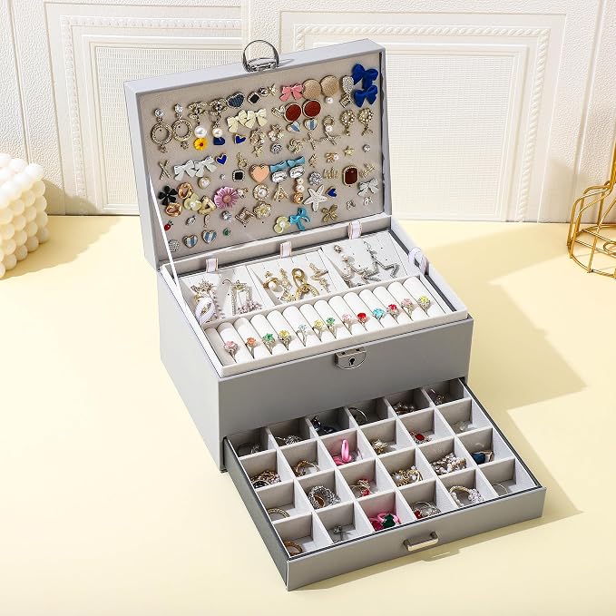 BOOVO Large Jewelry Boxes For Women (grey) | 5 Layers Jewelry Organizer Box With Cosmetic Storage Drawer, Necklace Ring Jewelry Organizer Box
