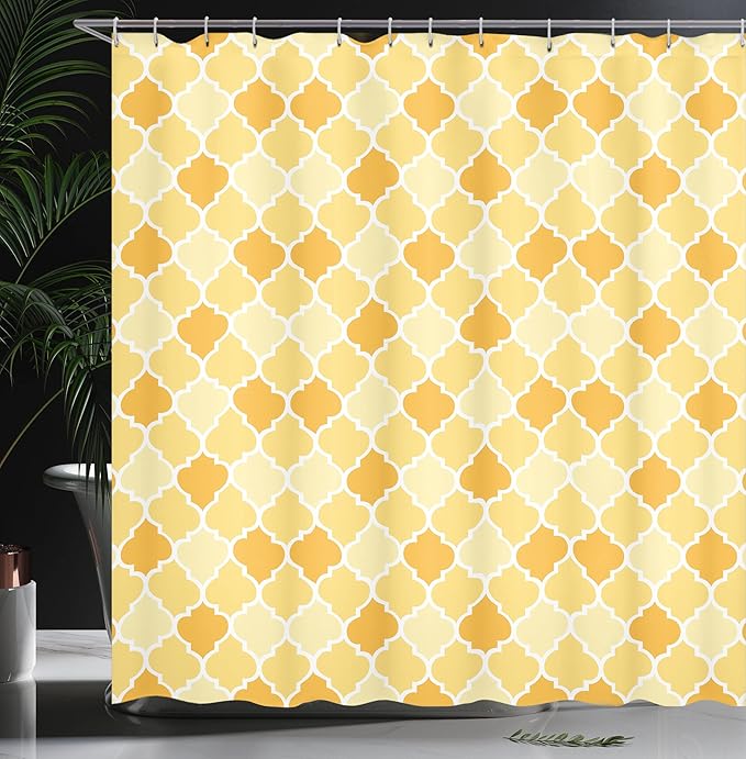 Ambesonne Quatrefoil Shower Curtain, Age-Old Trellis Pattern in The Shades of Yellow Historical Eastern, Cloth Fabric Bathroom Decor Set with Hooks, 69" W x 75" L, Marigold Mustard
