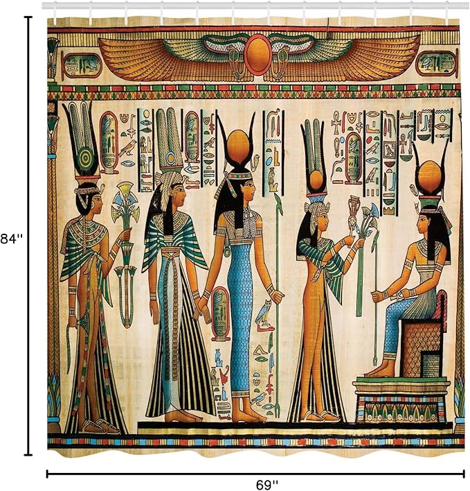Ambesonne Egyptian Print Shower Curtain, Egyptian Papyrus Depicting Queen Nefertari Making an Offering to Isis Image, Cloth Fabric Bathroom Decor Set with Hooks, 69" W x 84" L, Teal Orange