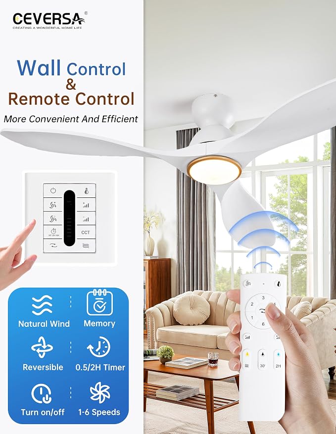 52 Inch Flush Mount White and Gold Ceiling Fans with Lights and Remote,Low Profile Ceiling Fan with Light,Dimmable,Quiet Noiseless DC Motor for Patios,Living Room,Bedroom(Wall Control Switch)