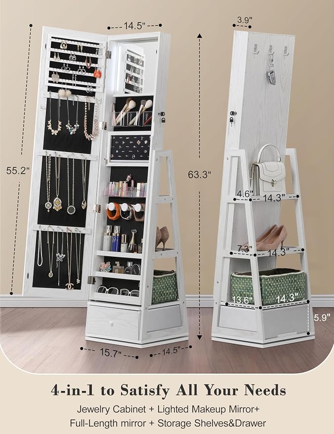 360° Swivel Jewelry Cabinet with Lights, Touch Screen Vanity Mirror, Rotatable Full Length Mirror with Jewelry Storage, Standing Jewelry Armoire Organizer, Foldable Makeup Shelf, White with Grain