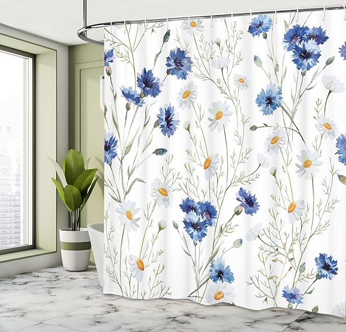 Ambesonne Watercolor Flower Shower Curtain, Wildflowers and Cornflowers Daisies Blooms Flower Buds, Cloth Fabric Bathroom Decor Set with Hooks, 69" W x 84" L, Green Marigold