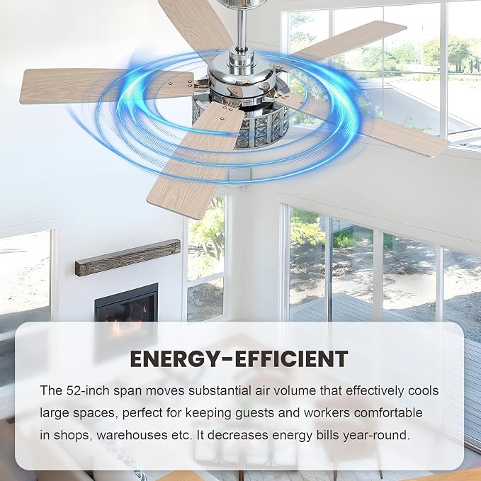 52" Modern Crystal Chandelier Ceiling Fans with Lights for Living Room | K9 Crystal Fandelier Fan Quiet Reversible DC Motor 6 Speeds Timer E26 Bedroom