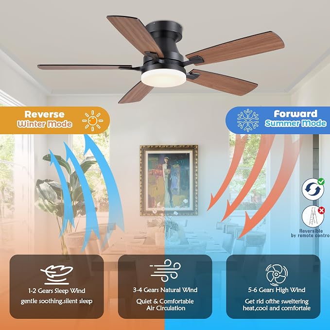 Ceiling Fans with Lights, 48 Inch Ceiling Fan with Light And Remote/APP,Low Profile Ceiling Fan with Light,DC Reversible,6 Speed Noiseless LED Ceiling Fan,Brown Small Ceiling Fan for Bedroom