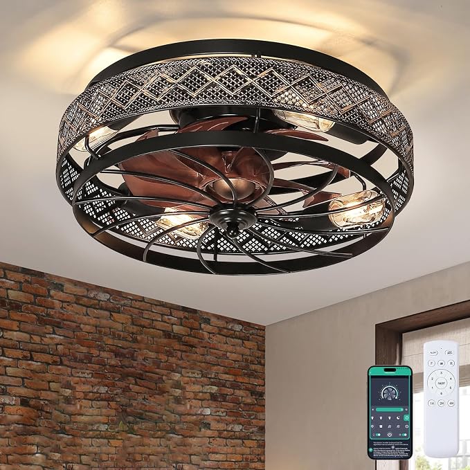 SHIHOT 18"Black Small Low Profile Caged Ceiling Fans with Lights and Remote | Safe Caged-Design,Supports Both Remote Control and APP,6 Wind Speeds, Reversible, Quiet DC Motor,Suits for Bedroom Kidsroom
