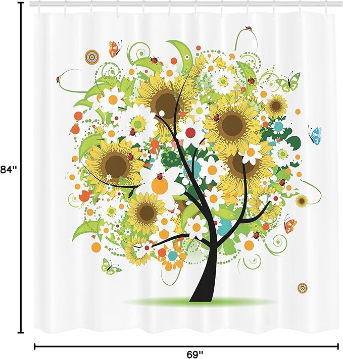 Ambesonne Sunflower Shower Curtain, Floral Tree with Daisies Sunflowers Butterflies Ladybugs Spring Fantasy Joyful, Cloth Fabric Bathroom Decor Set with Hooks, 69" W x 84" L, Green Black