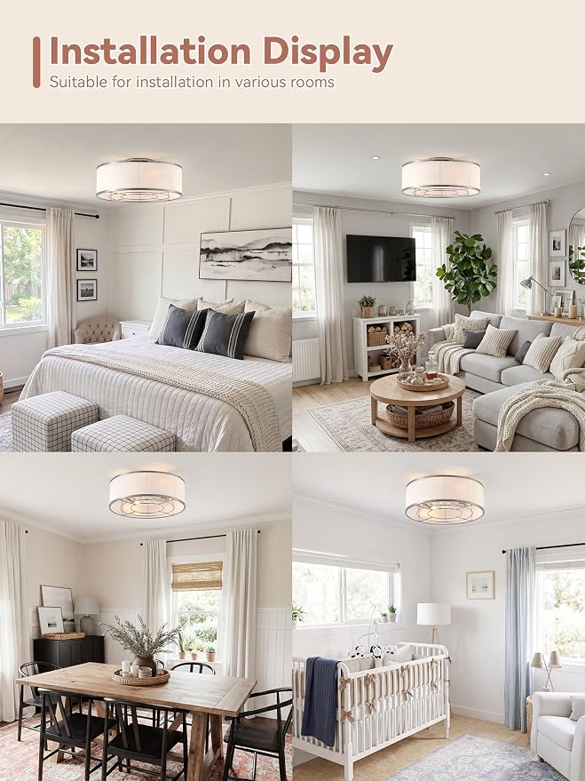 Low Profile Ceiling Fans with Lights, 20" Silver Boho Ceiling Fan with Light Flush Mount and Remote Control, Drum Caged with 6 Speeds for Bedroom, Nursery, Living Room