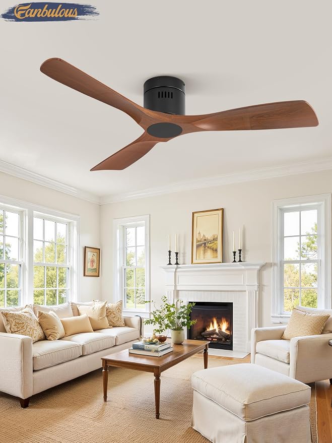 Fanbulous 52" Ceiling Fans Without Lights, Flush Mount Ceiling Fan with Remote Control Modern,Low Profile Ceiling Fans with 6-Speeds Reversible DC Motor for Patio Living Room Bedroom(Walnut)