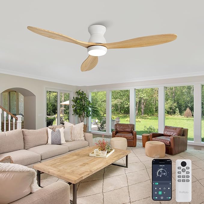 52 Inch Ceiling Fan with Light and Remote & APP Control, 3 Wooden Blades, 6 Wind Speeds, Quiet DC Motor, Indoor Low Profile Ceiling Fan for Bedroom Living Room Farmhouse Patio
