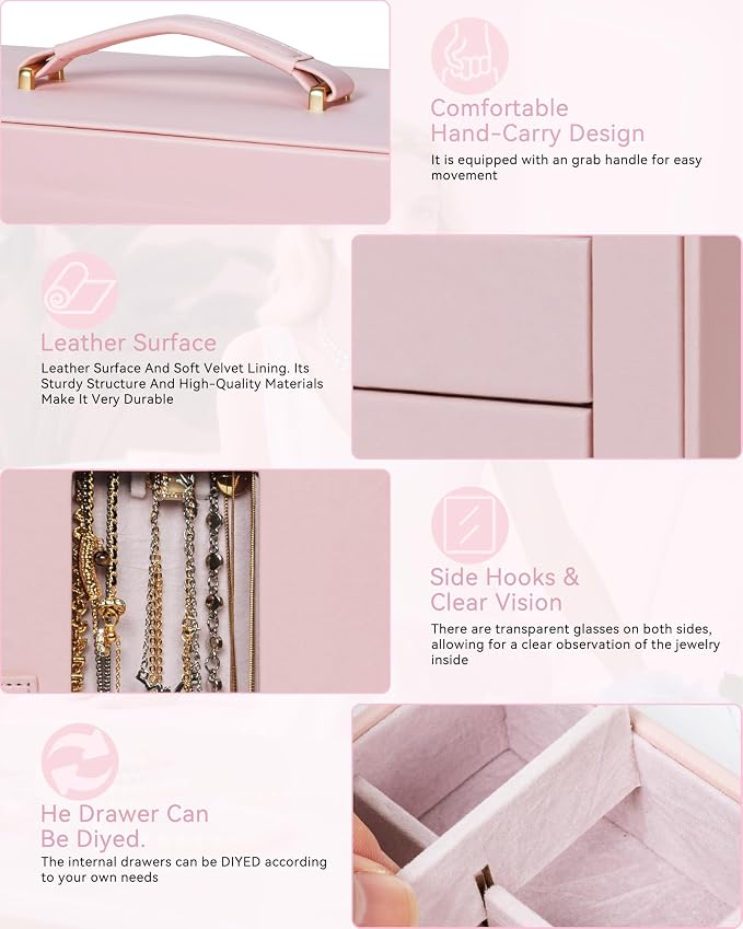 AKOZLIN 6-Tier Jewelry Box Organizer Functional 5 Drawers Leather Jewelry Storage Case for Women Girls Ring Necklace Earring Bracelet Holder Organizer with Mirror XL Pink 360° Rotating
