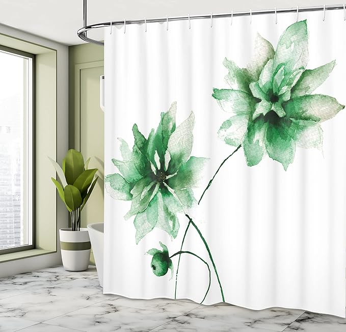 Ambesonne Watercolor Flower Shower Curtain, Flora Drawing Soft Spring Colors Retro Style Floral Artwork, Cloth Fabric Bathroom Decor Set with Hooks, 69" W x 84" L, Apple Green