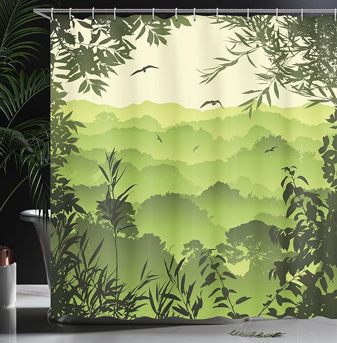 Ambesonne Forest Shower Curtain, Forest Scenery with Tea Trees and Gulls in The Jungle Birds Branches Eco Graphic Work, Cloth Fabric Bathroom Decor Set with Hooks, 69" W x 70" L, Light Green