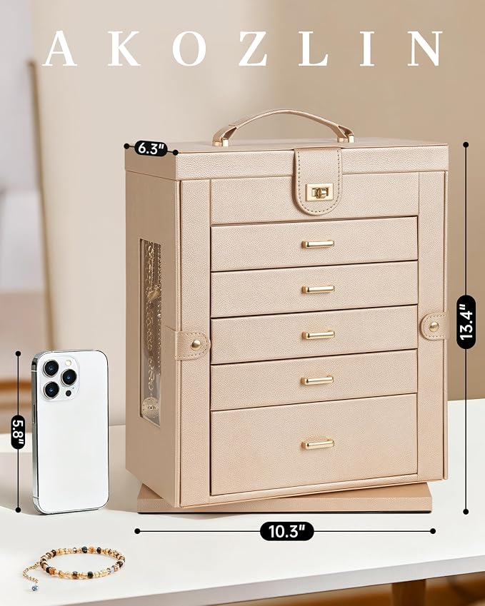 AKOZLIN 6-Tier Jewelry Box Organizer Functional 5 Drawers Leather Jewelry Storage Case for Women Girls Ring Necklace Earring Bracelet Holder Organizer with Mirror XL Champagne 360° Rotating