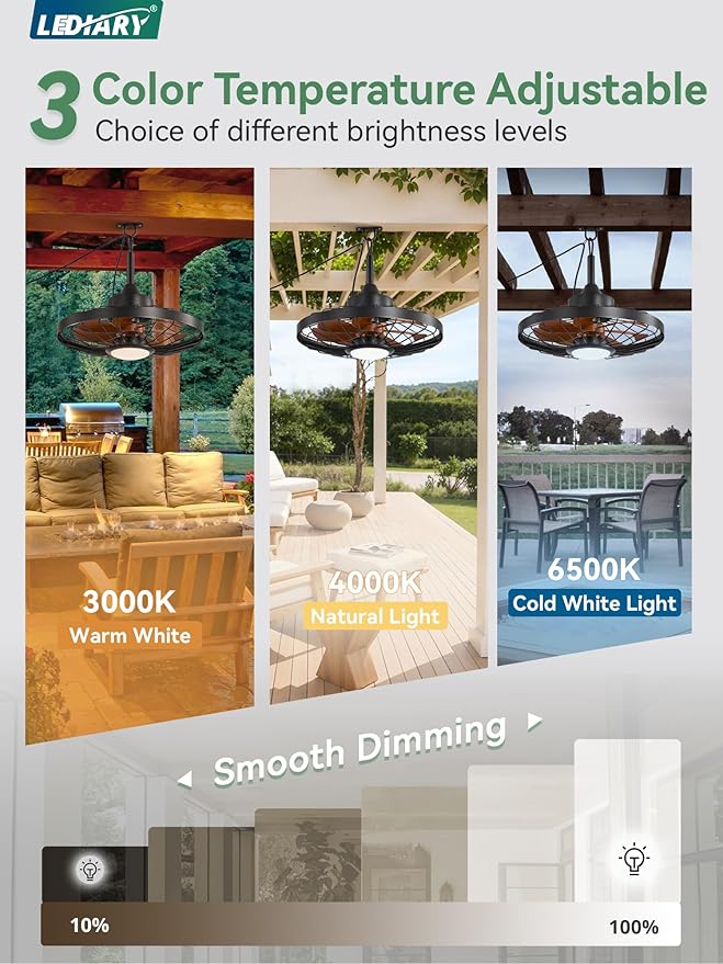 LEDIARY 20" Outdoor Ceiling Fan with Lights,IP65 Waterproof Gazebo Hanging Fan with Remote Control Smart App, Plug in Caged Ceiling Fan with 3CCT 6-Speeds for Patio Porch Pergola(Walnut)