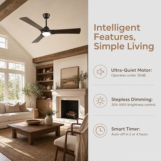 52 Inch Ceiling Fan with Light, DC Motor | Dimmable LED, 3-Color Temperatures, Reversible Blades, Quiet 30dB, Energy-Saving DC Motor, 6-Speed, 2/4H Timer, Indoor Use