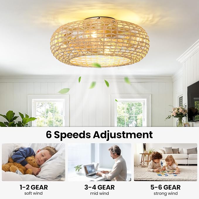 AIJIASI Boho Rattan Ceiling Fan with Light 20 Inch Flush Mount Caged Ceiling Fans with Light and Remote Control Enclosed 6 Speeds Low Profile Ceiling Fan Light for Bedroom Living Room Kitchen