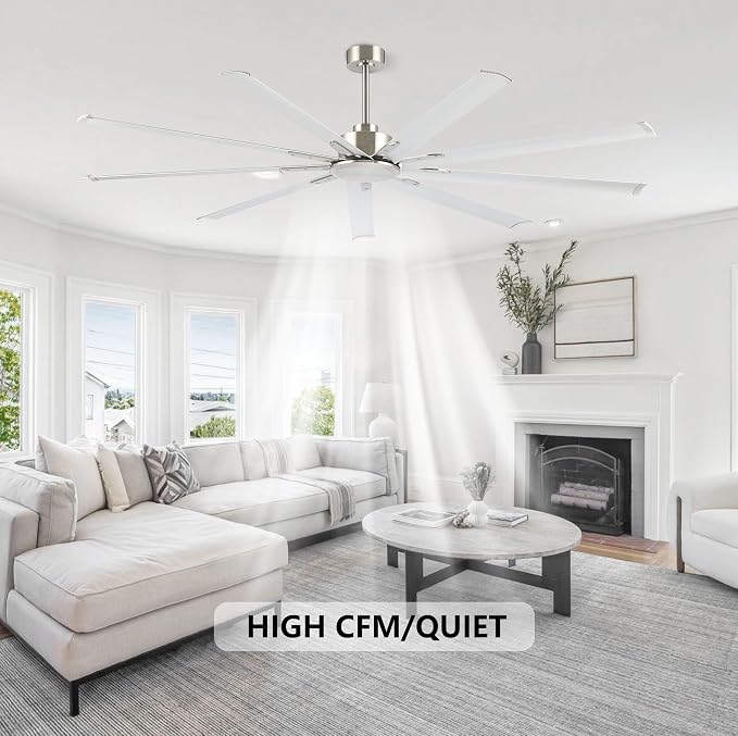 WINGBO Industrial Ceiling Fan No Light 84", 9 Aluminum Blades, 6 Speed Remote Control, Reversible DC Motor, for Home and Commercial Use, Living Room/Shop/Warehouse Nickel