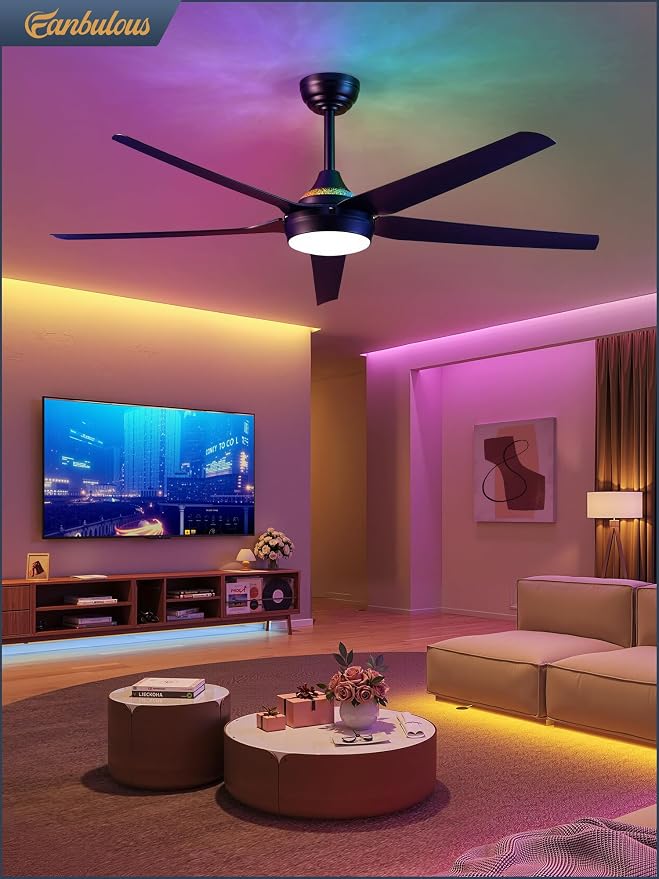 Fanbulous 56'' Smart Ceiling Fans with RGB Lights, Modern Ceiling Fan with Alexa/App/Remote Control, Dimmable LED Light, Reversible DC Motor, for Living Room, Bedroom, Game Room, Black