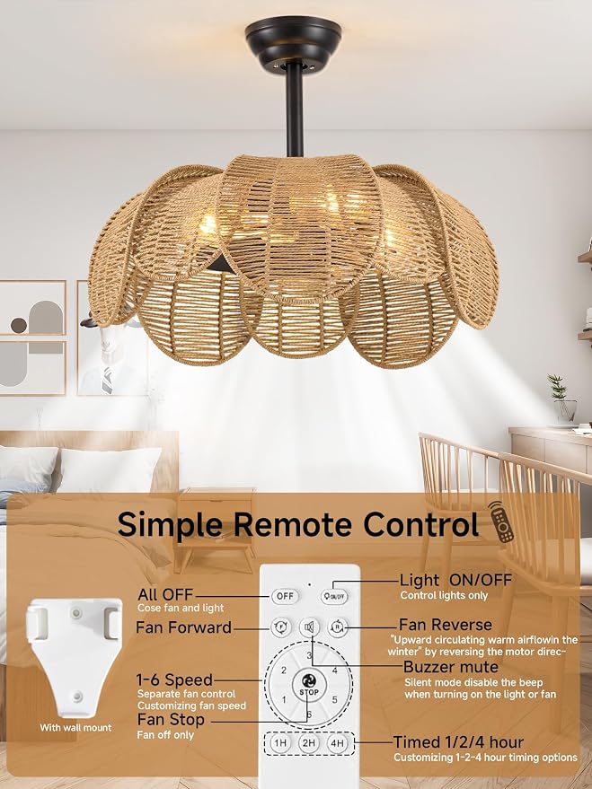 26" Boho Ceiling Fans with Lights and Remote,Black Handwoven Rattan Fandelier with 6 Speeds Timing for Kitchen Island,Dining Room,Living Room,Nursery