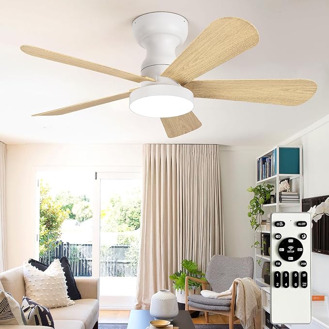 Depuley Small Ceiling Fan with Lights: 35-Inch Flush Mount Fan with Light and Remote - Low Profile Ceiling Fans Reversible Quiet DC Motor for Bedroom Living Room Indoor Outdoor, Wood Color