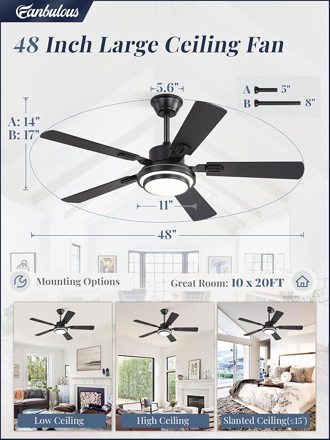 Fanbulous 48 Inch Ceiling Fans with Lights and Remote, Black Ceiling Fan with 8 Dual-Color Blades, Indoor/Outdoor Large Ceiling Fans, Reversible DC Motor, 6-Speed, 3CCT for Living Room Kitchen Patio