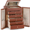 Dajasan Large Jewelry Organizer Box, 6-Tier Jewelry Storage Case with 5 Drawers, Jewelry Boxes for Women Girls with Mirror, Double Door, Textured PU Leather, Gift Idea, Stylish (Brown + Gold)