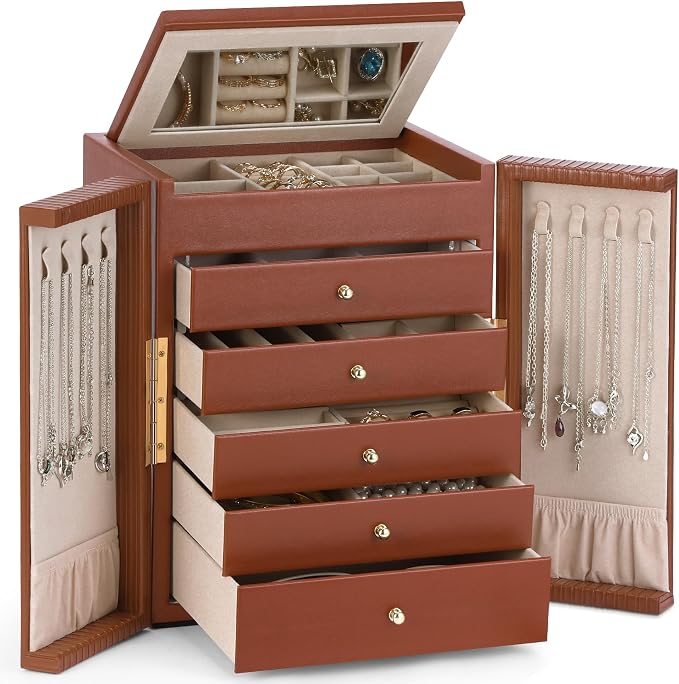 Dajasan Large Jewelry Organizer Box, 6-Tier Jewelry Storage Case with 5 Drawers, Jewelry Boxes for Women Girls with Mirror, Double Door, Textured PU Leather, Gift Idea, Stylish (Brown + Gold)