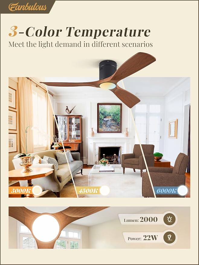 Fanbulous 52" Ceiling Fans with Lights and Remote Control,Modern Flush Mount Ceiling Fan with 3 LED Colors,Outdoor Low Profile Ceiling Fans with 6-Speeds Timer DC Motor for Bedroom Living Room Patio