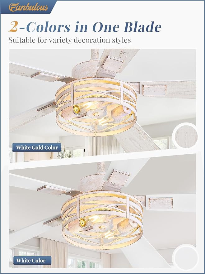 Farmhouse Ceiling Fans with Light, 48 Inch Bedroom Ceiling Fan with Lights, 6-Speed Adjustable, Quiet and Reversible DC Motor, 5 Dual Finish Blades, Rustic Caged Ceiling Fan，White and Gold Color